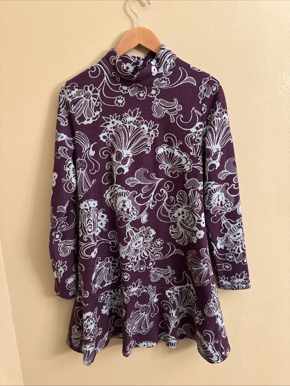 Anthropologie Mock Neck Mini Dress Purple Long Sleeves Paisley Retro Medium